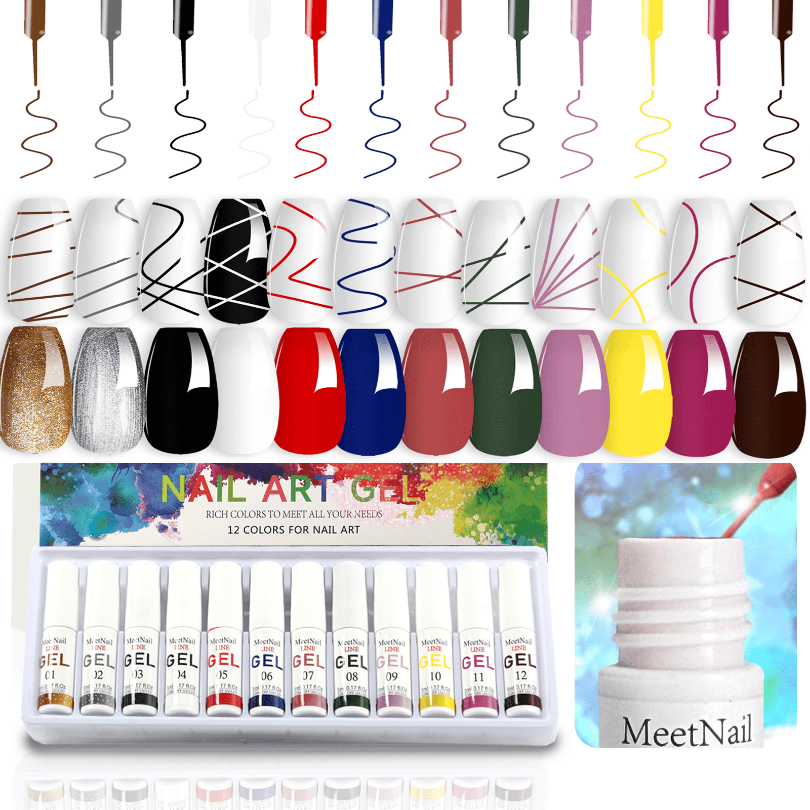 12 Colors Halloween Gift Gel Nail Polish Liner Nail Set, 5ml UV Lamp Soak-Off Polishes with Built-in Thin Brush, Pigmented White Red Pink Green Gold Glitter, DIY Salon Quality Liner Nail Art Kit for