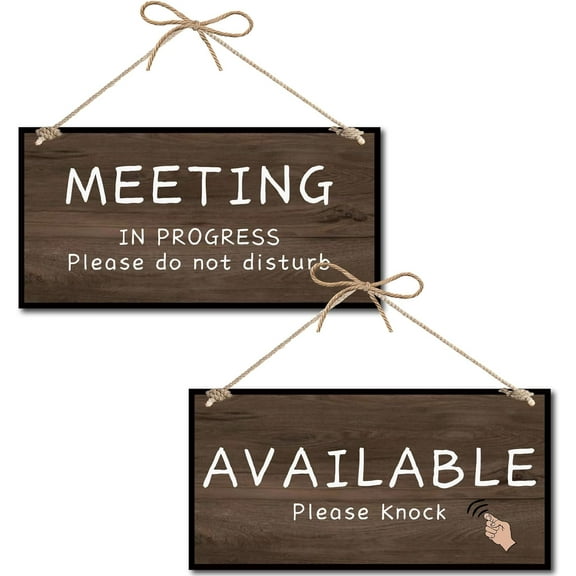 Meeting Available Sign Meeting in Progress Door Sign Available Please Knock Office Door Sign Wooden Hanging Wood Plaque with Jute Twine Wall Art Decor for Office Decoration Hanger 12x6Inch Brown