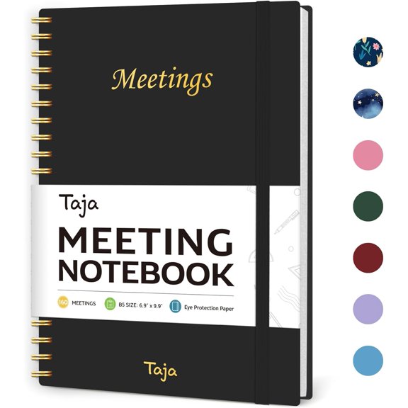 Meeting Notebook for Work Organization - Work Planner Notebook with Action Items, Agenda Planner for Note Taking, 160 Pages (6.9" X 9.9") Project Organizer for Men & Women - Black 1