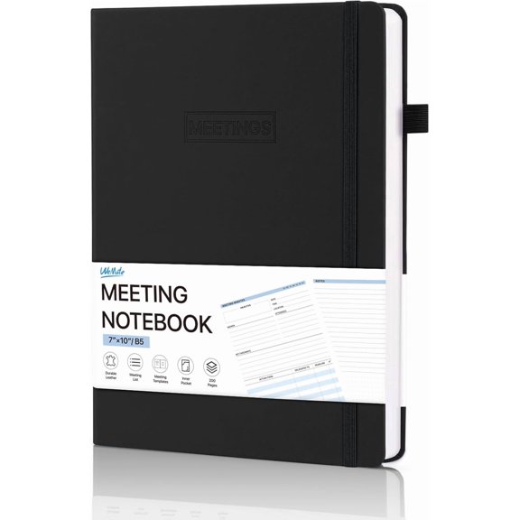 Meeting Notebook for Work, Work Planner Notebook With Action Items, B5 Size Project Planner, Easily Take Meeting Notes & Keep Agendas on Track, Calender, Index Page, Inner Pocket, 710 Inch, Black