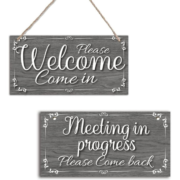 Meeting Sign for DIY Office Door Double-side Meeting in Progress Welcome Please Come In Hanging Wooden Sign Plaque Door Sign Do Not Disturb Door Hanger Sign Office Signs for DIY Business Welcome Door