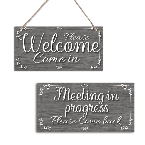 Meeting Sign for Office Door Double-side Meeting in Progress Welcome Please Come In Hanging Wooden Sign Plaque Door Sign Do Not Disturb Door Hanger