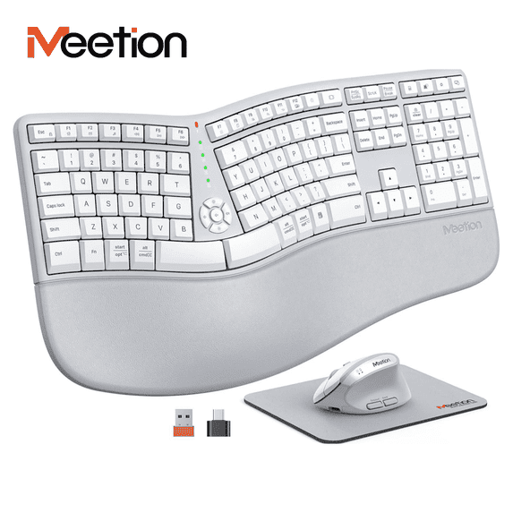 Meetion Director-C Ergonomic Split Keyboard & Vertical Mouse, White Gray, Rechargeable Wireless for PC/Mac