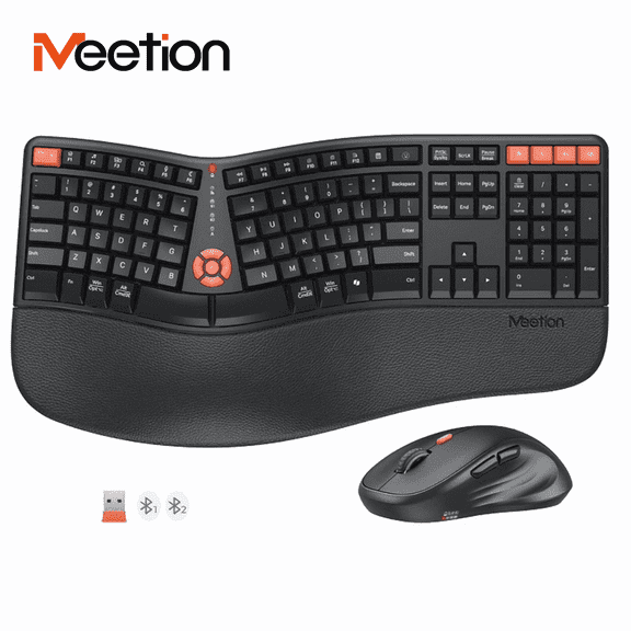 MEETION Ergonomic Keyboard and Mouse, 2.4G Wireless/Bluetooth Split Keyboard with Cushioned Palm Rest, 4 DPI Adjustable Mouse, Full Size Multi-Device Keyboard for Windows/Mac/PC/Laptop, Black