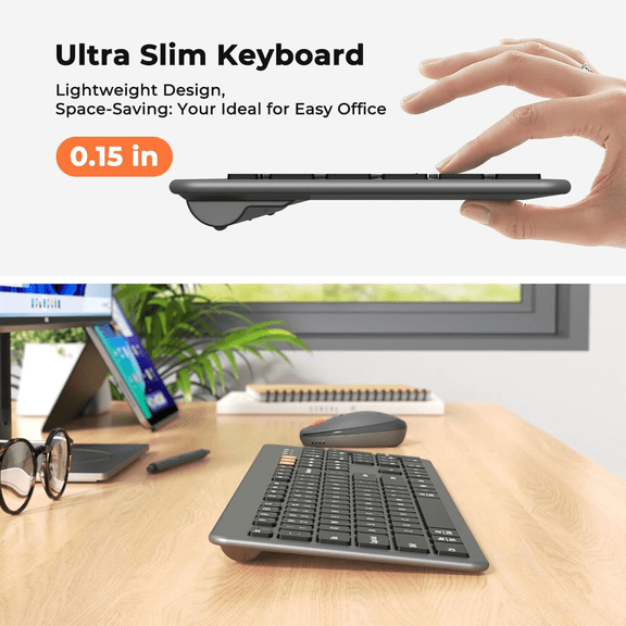 MEETION Wireless Keyboard and Mouse Set, Ultra-Thin Metal Finish, Scissor-Switch Keys, 2.4G/BT for Multi-Device, Full Size with Wrist Rest