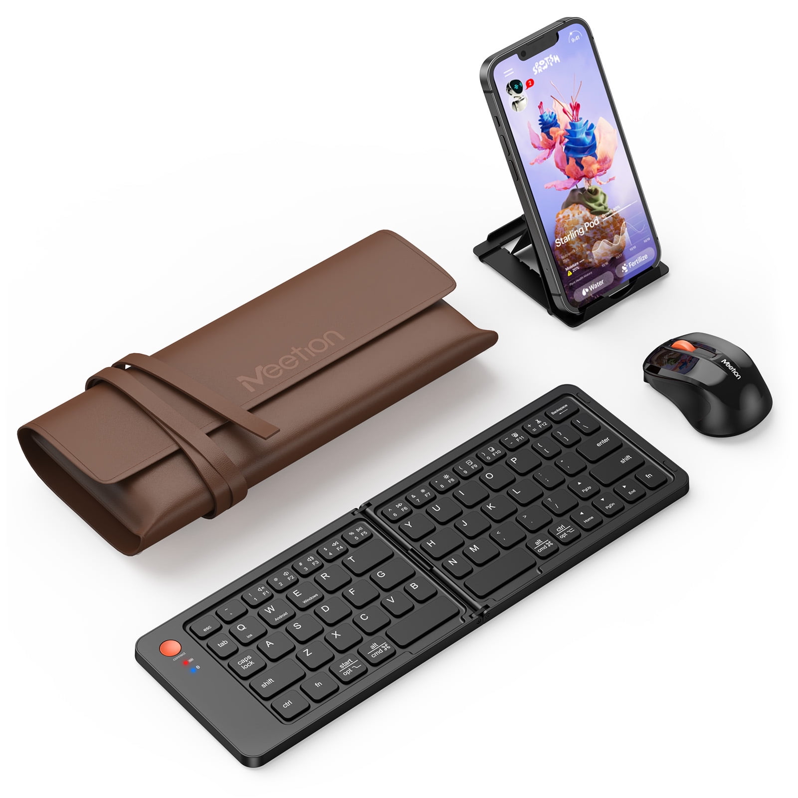 Meetion Foldable Bluetooth Keyboard \u0026 Mouse Combo - Portable, Silent, Type-C, w/Phone Stand \u0026 Case for Travel
