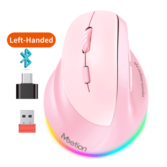 Meetion Left-Handed Vertical Ergonomic Mouse, Rechargeable, RGB, Pink - for PC/Mac