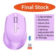 Meetion Purple Wireless Mouse, Silent, Bluetooth 5.1 and 2.4G USB, AA Battery Powered, Android