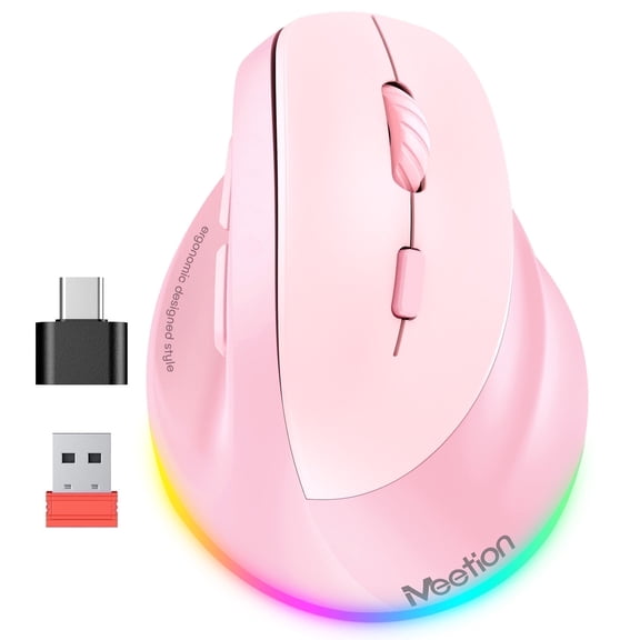 Meetion Vertical Ergonomic Mouse Pink, Wireless Bluetooth & 2.4G, Large Size, Rechargeable, USB-C