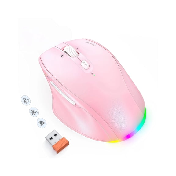 Meetion Wireless Office Mouse, 4-Way Scroll Wheel, 3-Device Multi-Mode, 2.4G + Dual Bluetooth, Quiet Clicks, Rechargeable 700mAh Mouse for Laptop, PC, Mac, iPad, Pink