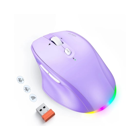 Meetion Wireless Office Mouse, 4-Way Scroll Wheel, 3-Device Multi-Mode, 2.4G + Dual Bluetooth, Quiet Clicks, Rechargeable 700mAh Mouse for Laptop, PC, Mac, iPad, Purple