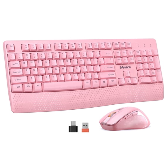 Meetion C4130 Pink Wireless Keyboard and Mouse Combo with Wrist Rest, USB 2.4G Full-Size, for PC & Home Office