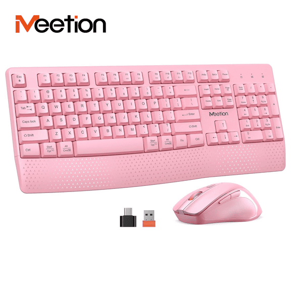 Meetion Pink Wireless Keyboard and Mouse Combo with Wrist Rest, USB 2.4G Full-Size, for PC/Home Office