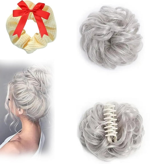 Meetitsneeds Bun Extension Hair Clips, Bun Extension Clips for Women, Claw Clip Messy Piece Bun Clip With Claw, Wave Curly Hairpieces for Daily Wear (SW283-GRAY)