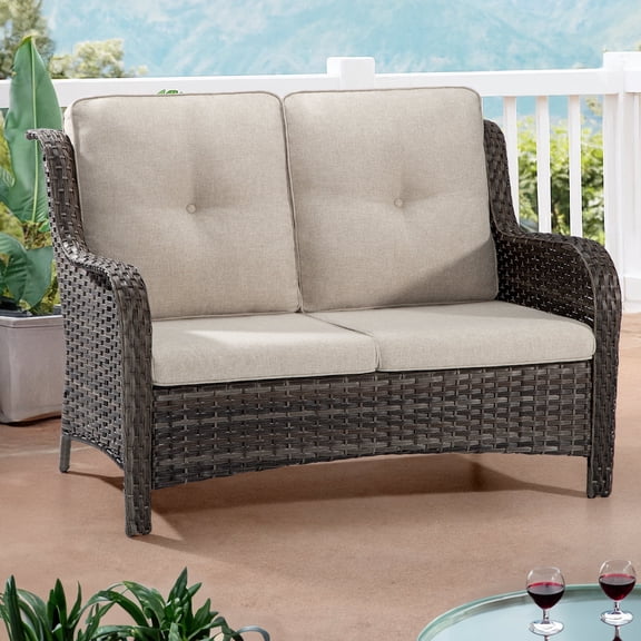Meetleisure 1 piece 49'' Wide 2-Seat Outdoor Wicker Patio Sofa with Cushions,Beige