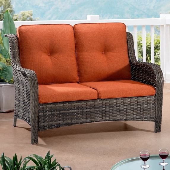 Meetleisure 1 piece 49'' Wide 2-Seat Outdoor Wicker Patio Sofa with Tufted Cushions,Orange