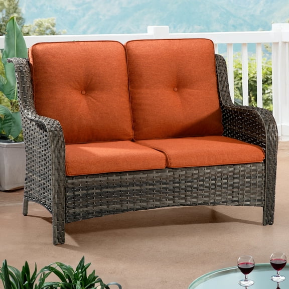 Meetleisure 1 piece 49'' Wide 2-Seat Outdoor Wicker Patio Sofa with Tufted Cushions,Orange