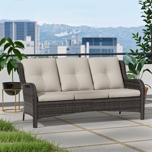 Meetleisure 1 piece 72.83'' Wide 3-Seat Outdoor Wicker Patio Sofa with Cushions,Beige