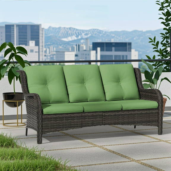 Meetleisure 1 piece 72.83'' Wide 3-Seat Outdoor Wicker Patio Sofa with Cushions,Green