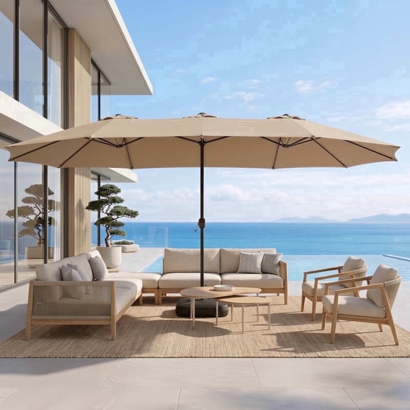 Meetleisure 15FT Large Patio Umbrella with Base Included, Outdoor Double Sided Rectangle Umbrella, Crank Handle, 12 Sturdy Ribs, for Deck Porch Pool, Beige