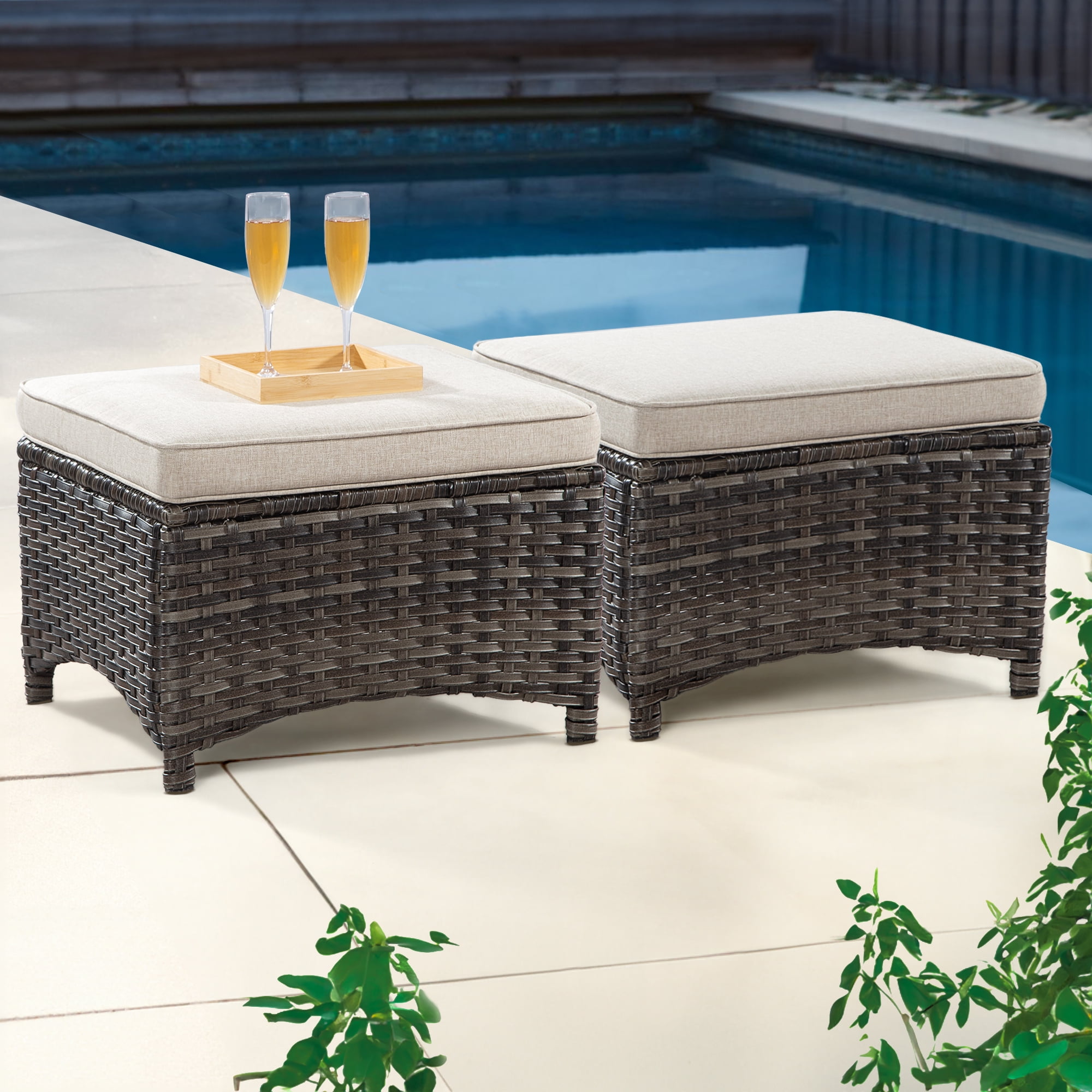 Beige Cushioned Wicker Outdoor Patio Ottoman Set with Steel Frame