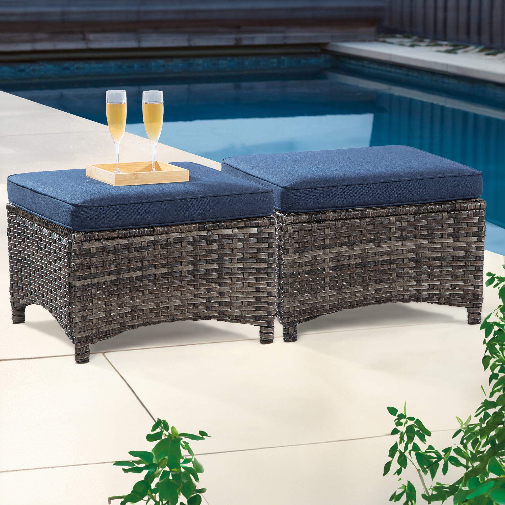 Meetleisure 2 Piece Outdoor Ottomans with Cushions,Blue