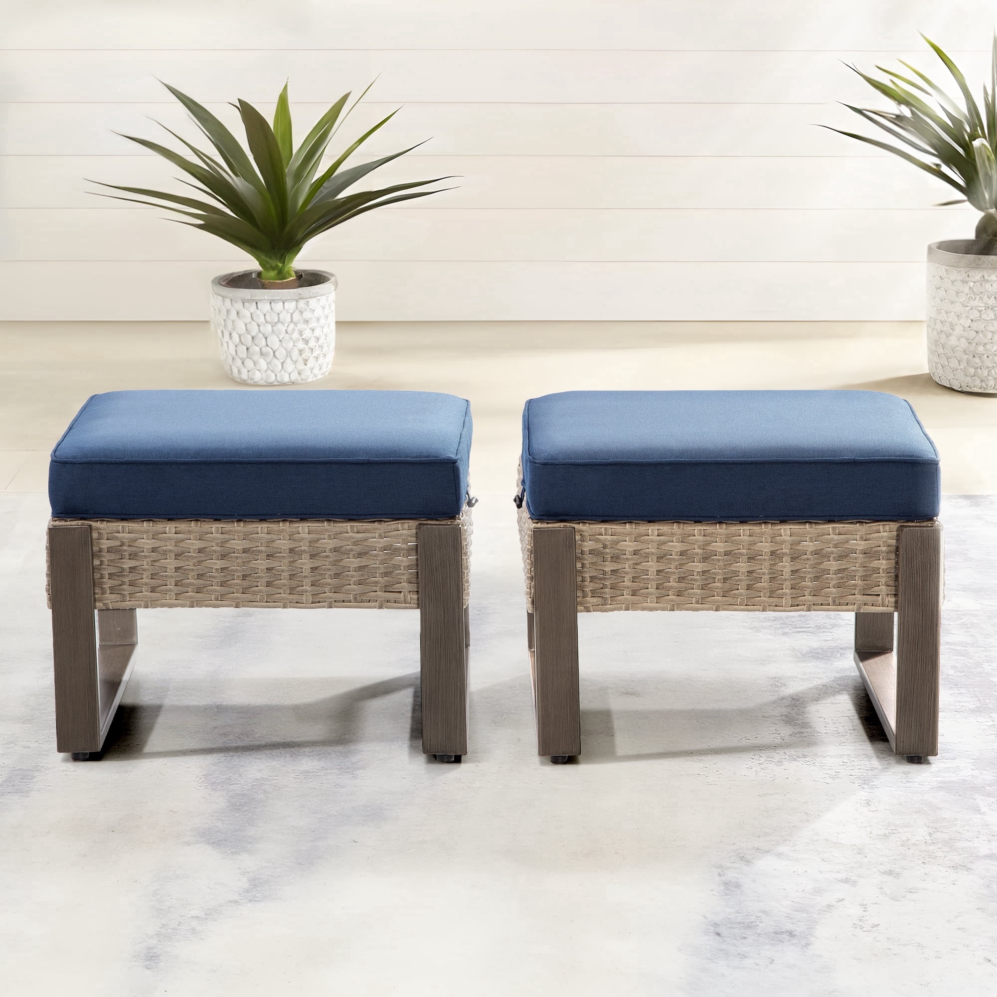 Meetleisure 2-Piece Outdoor PE Rattan Ottomans with Removable Cushions, Navy