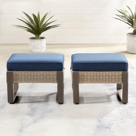 Meetleisure 2-Piece Outdoor PE Rattan Ottomans with Removable Cushions, Navy