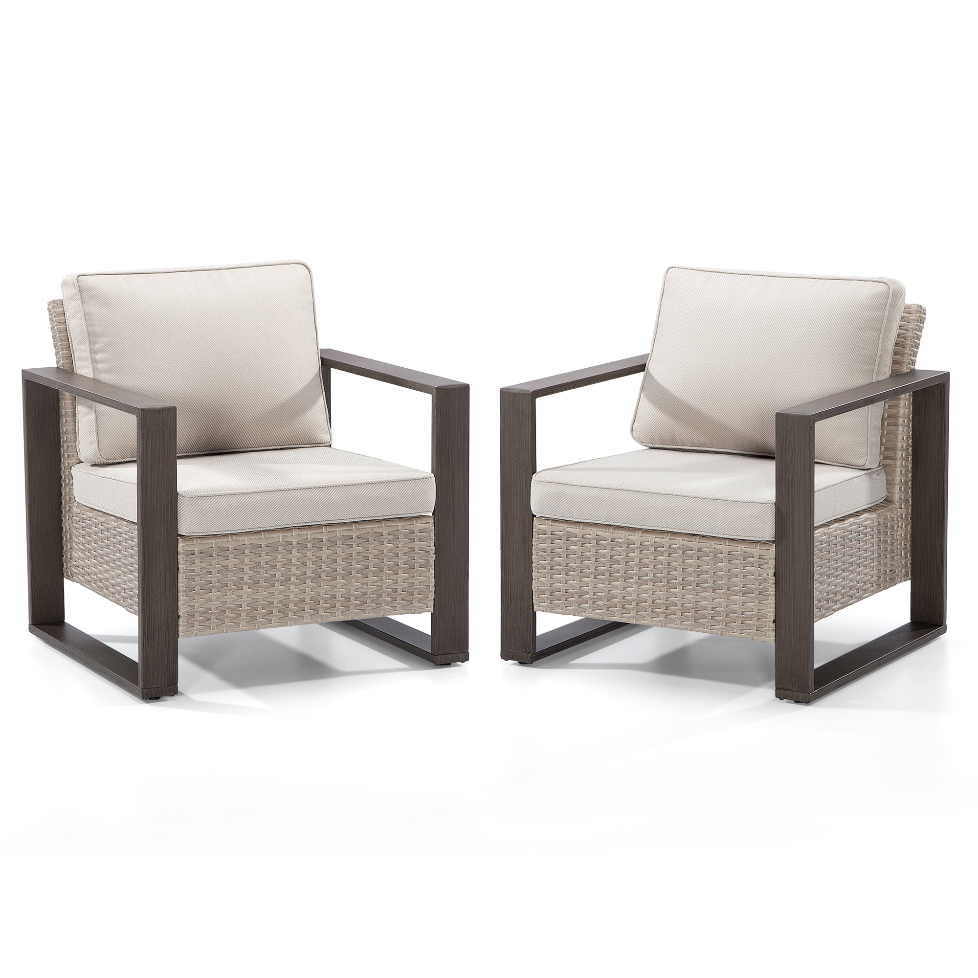 Beige Wicker Outdoor Lounge Chairs with Cushions and Metal Frame