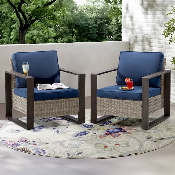 MeetLeisure Patio Metal Wicker Chairs Set of 2, All Weather Outdoor Rattan Dining Chairs with Wood-Looking Armrest & Fade-Resistant Cushions for Deck Balcony Backyard, Dark Blue