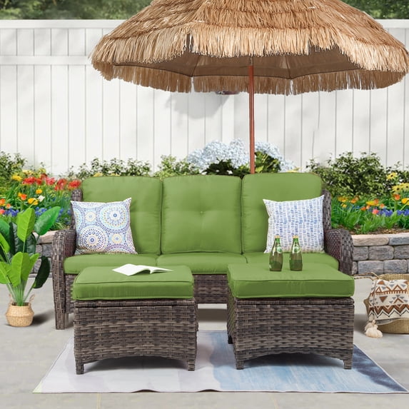 Meetleisure 3-Piece Wicker Outdoor Patio Sofa And Ottoman, Green
