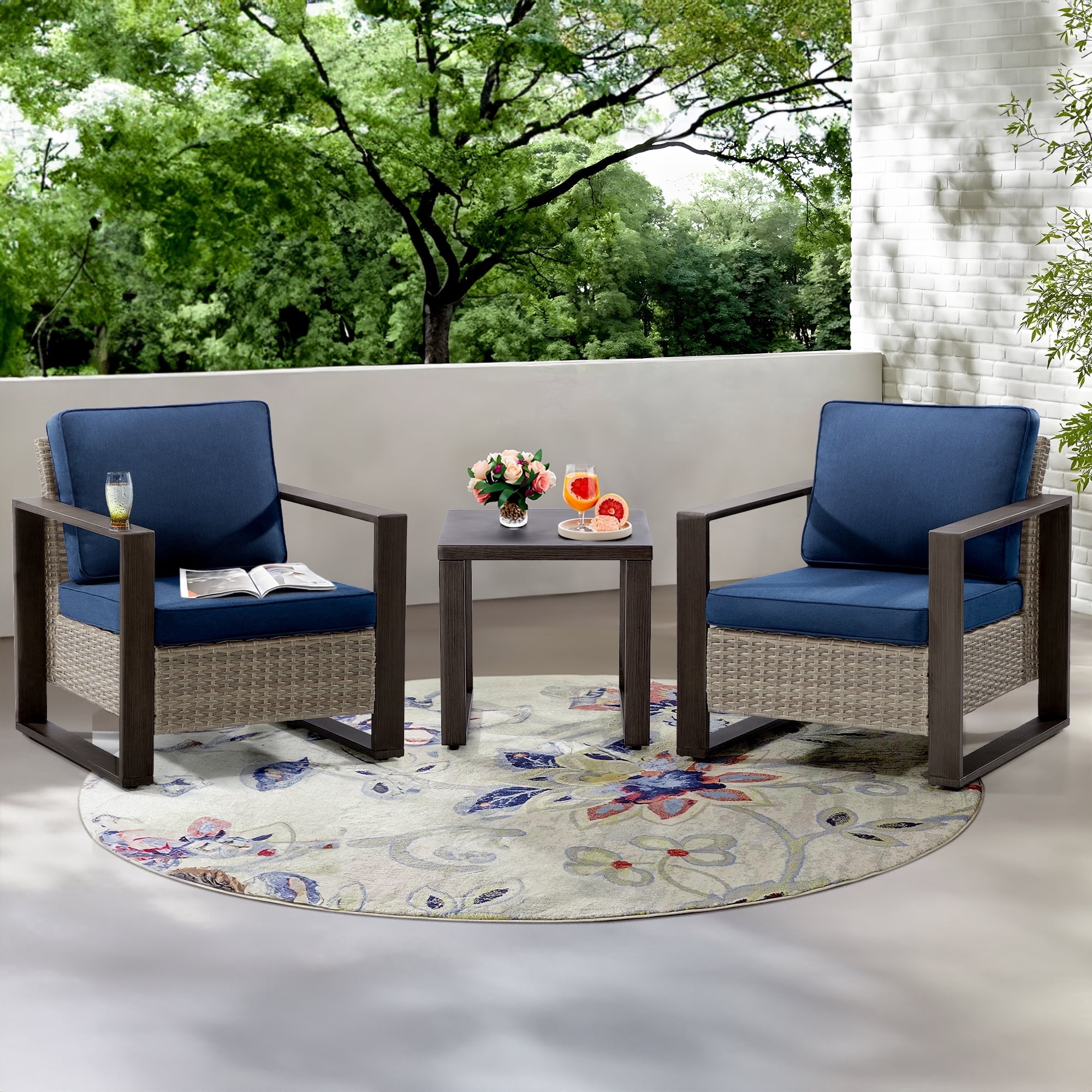 MeetLeisure Outdoor Wicker Metal Chairs Set of 2 with Side Table, 3 Pieces Patio Bistro Set with Removable Olefin Cushions & Wood-Looking Metal Armrest, Dark Blue