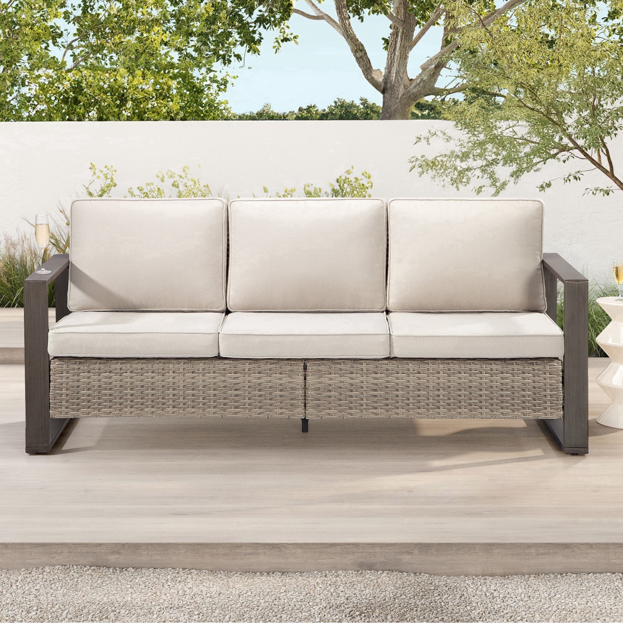 Meetleisure 3-Seat Patio Wicker Sofa with Removable Cushions, Beige