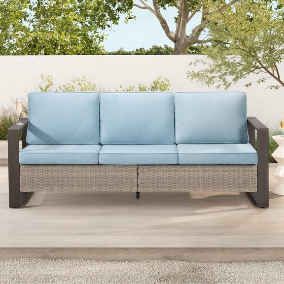 MeetLeisure 75" Patio Metal Wicker Sofa, All-Weather Outdoor Rattan 3-Seat Couch with Premium Cushions & Wood-Looking Metal Armrest for Garden Backyard Porch Deck, Sky Blue