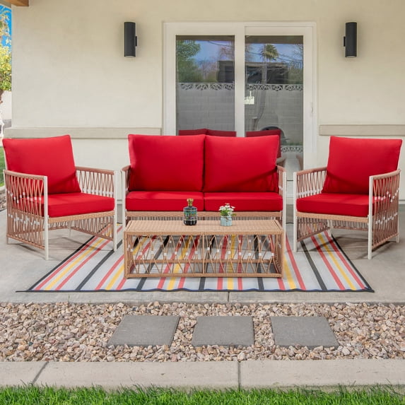 Meetleisure 4 Pieces Outdoor Wicker Conversation Set, All-Weather Rattan Patio Furniture Sets with Cushions, Red