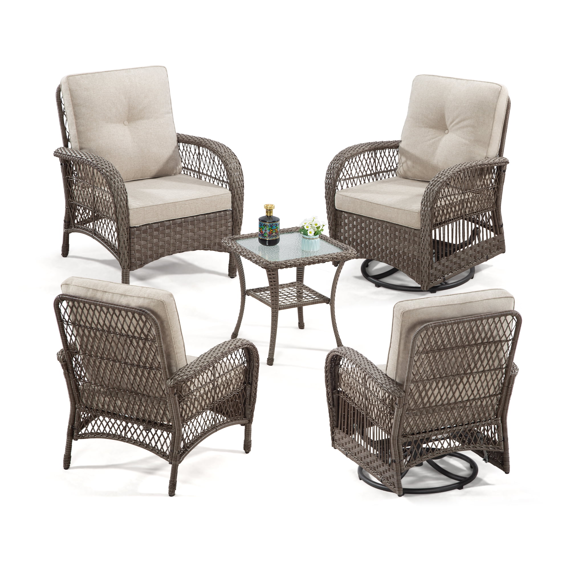 Hanalei Beige Wicker and Steel 5-Piece Outdoor Seating Group with Cushions
