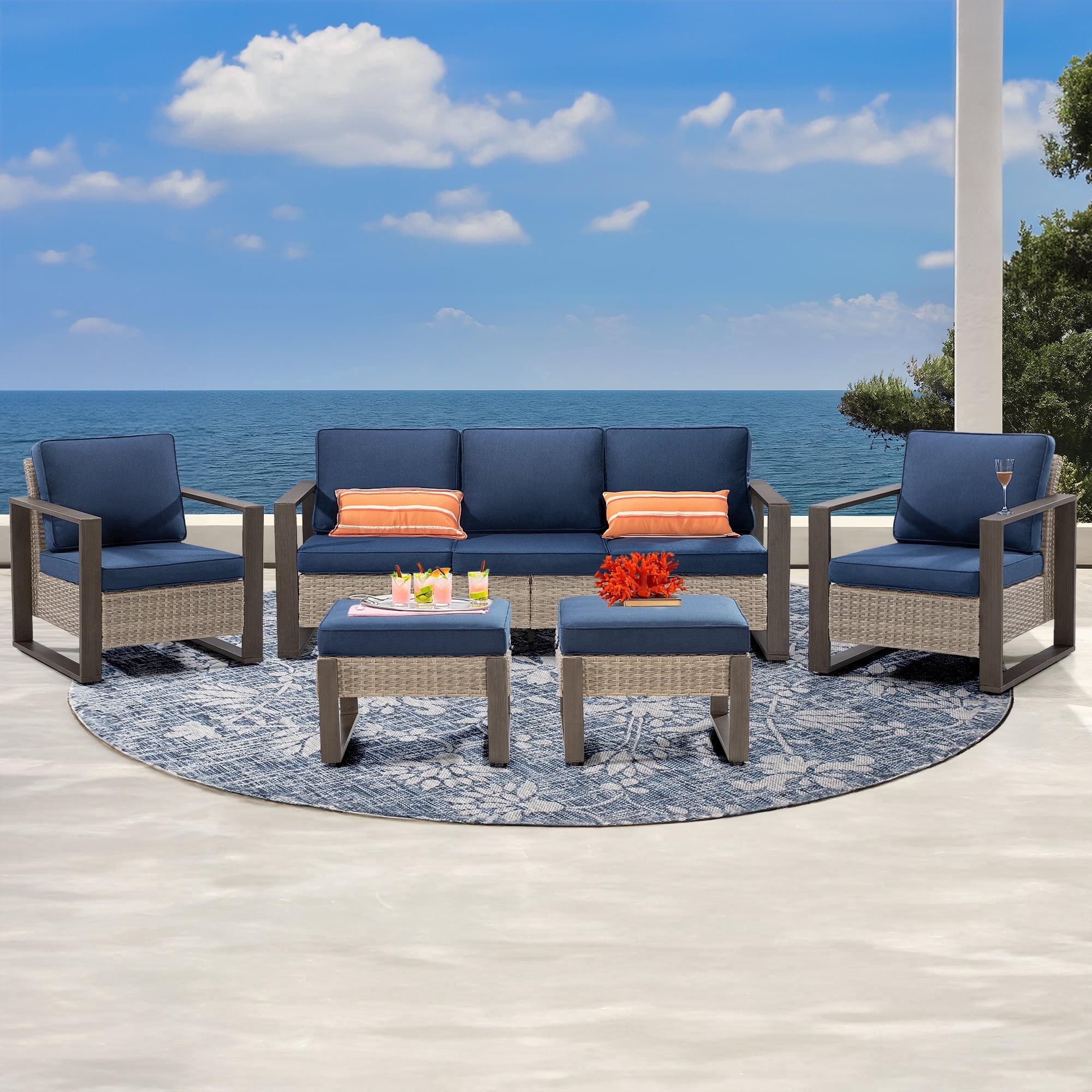 MeetLeisure 5 Pieces Wicker Patio 75" Sofa Set, All Weather Rattan Outdoor Conversation Furniture with Wood-Looking Metal Armrest & Removable Cushions for Deck Backyard Porch, Dark Blue