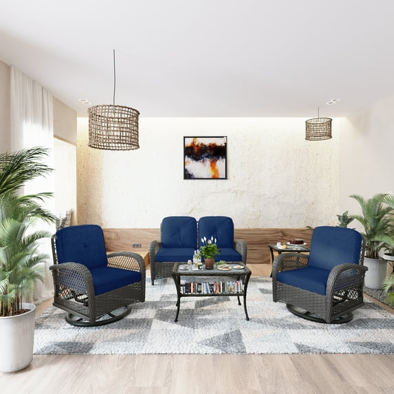 Meetleisure 5 Piece Sofa Seating Group with Cushions,Including 2 Swiwel Chairs, 2 Tables,1 Sofa,Blue