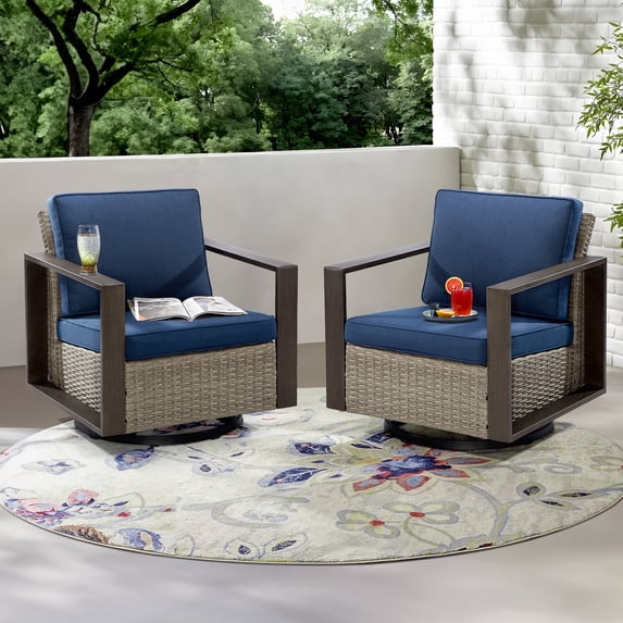MeetLeisure Outdoor Swivel Patio Metal Chairs Set of 2, 360 Degree Glider Rocker Rattan Chairs with Washable Cushion & Steel Rectangular Armrest for Porch, Dark Blue