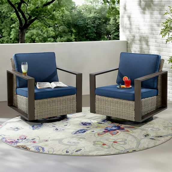 Meetleisure Contemporary Wicker Solid Print Zipped Outdoor Swivel Rocker Patio Chairs, Navy Set of 2