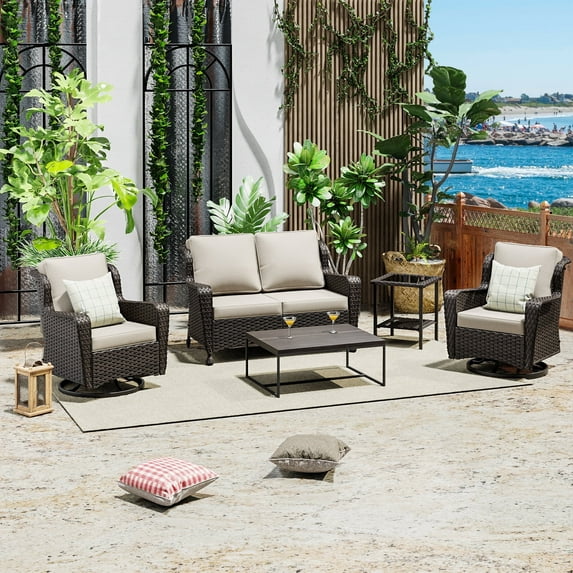 Meetleisure Outdoor PE Rattan Conversation Set, 4-piece Set(2 chairs, 1 side table, 1 loveseat),Outdoor/Patio/Garden,Beige