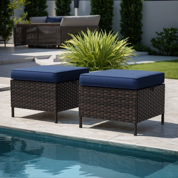 Meetleisure Outdoor PE Rattan Ottoman, Set of 2, Blue
