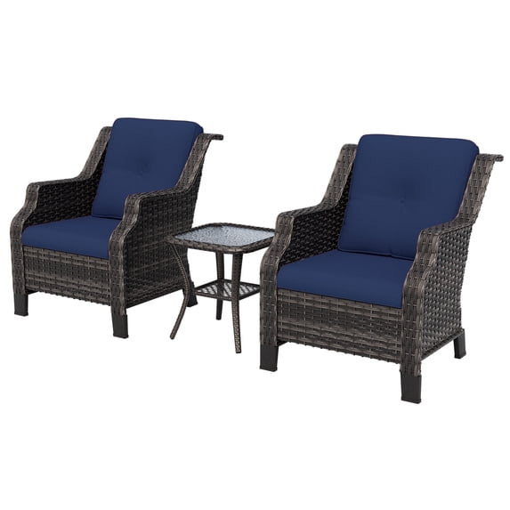 Meetleisure Outdoor Patio Wicker Chairs Sets, Outdoor Rattan Chairs with Tempered Glass Side Table and Thickened Cushions for Backyard Porch Deck, Metal Rocking Frame, Blue