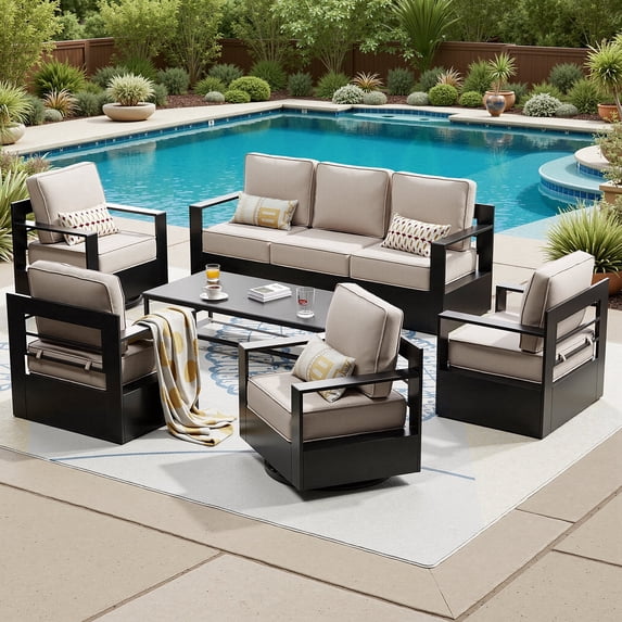 Meetleisure Outdoor Rust-Proof Aluminum Frame 3-Seat Sofa Set, 1 Three-Seat Sofa 2 Chairs and 2 Rocking Chairs, Suitable for both Indoor and Outdoor, Beige