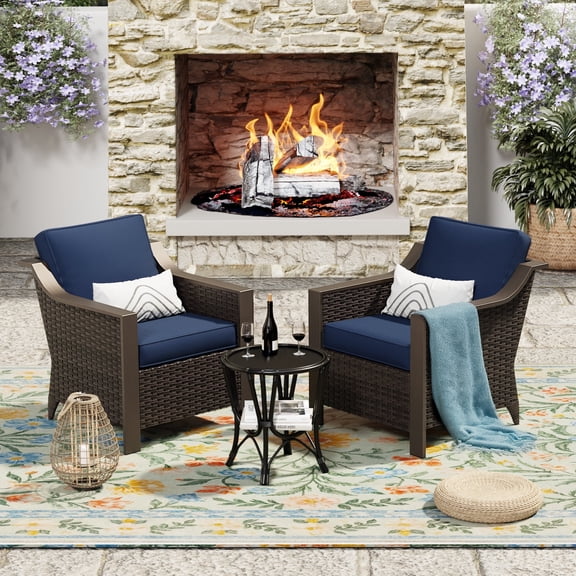 Outdoor Rust-Proof Steel Frame Chairs, Set of 2, PE Woven Wicker, Blue