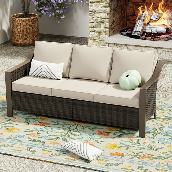 Outdoor Rust-Proof Steel Frame Three-seat sofa, PE Woven Wicker, Beige