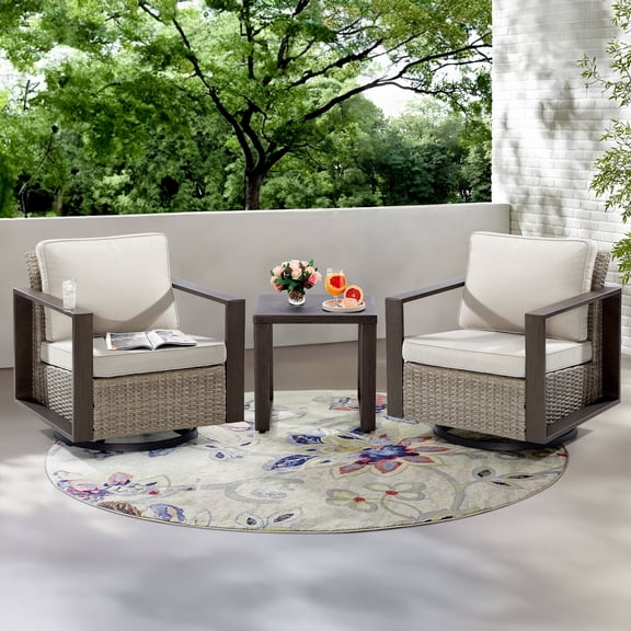 MeetLeisure Outdoor Swivel Rocker Metal Chairs Set of 2 with Small Coffee Table, 3 Pieces Patio Bistro Set with 360 Degree Glider Chairs & Wood-Looking Metal Armrest, Beige
