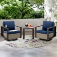 thumbnail image 1 of MeetLeisure Outdoor Swivel Rocker Metal Chairs Set of 2 with Small Coffee Table, 3 Pieces Patio Bistro Set with 360 Degree Glider Chairs & Wood-Looking Metal Armrest, Dark Blue, 1 of 9