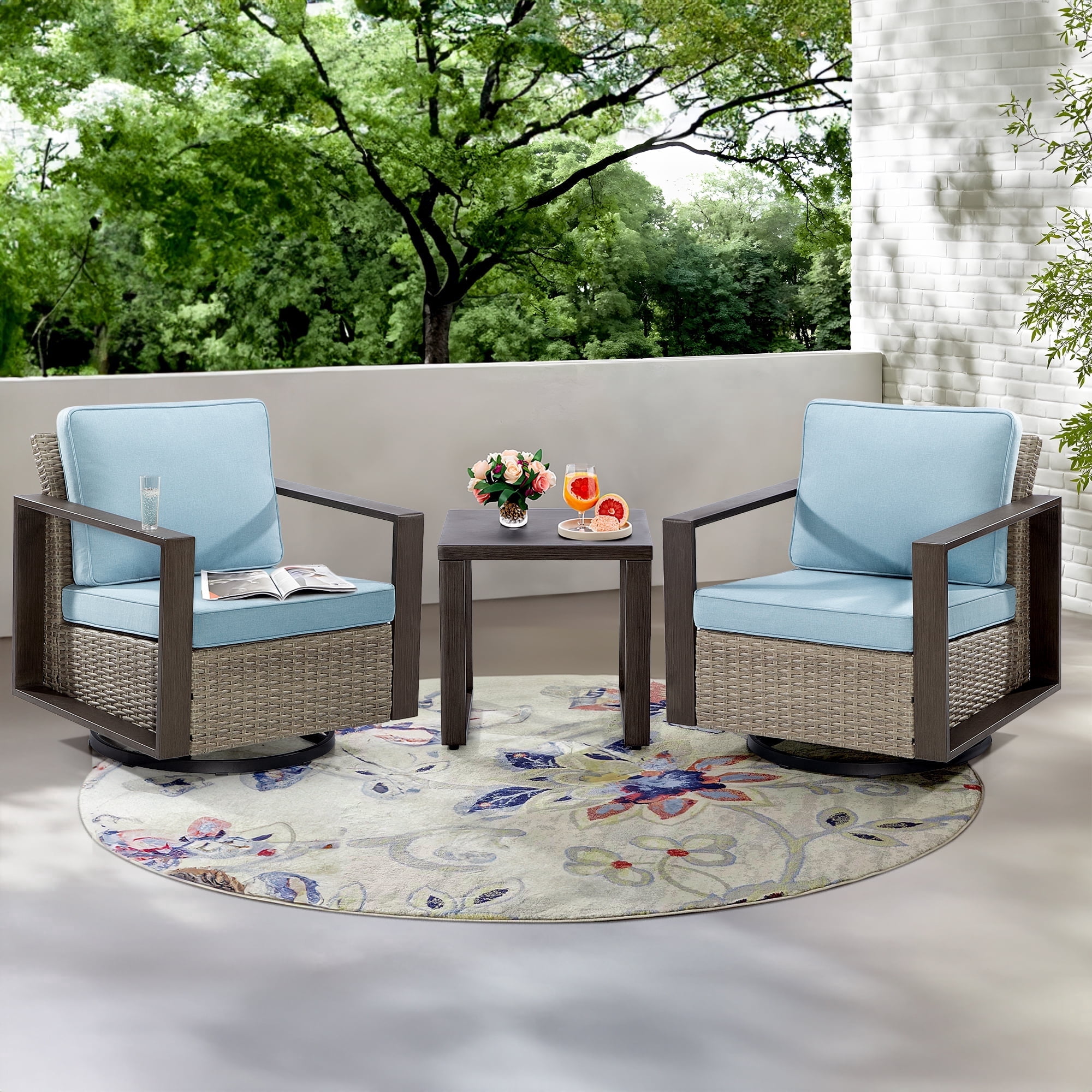 MeetLeisure Outdoor Swivel Rocker Metal Chairs Set of 2 with Small Coffee Table, 3 Pieces Patio Bistro Set with 360 Degree Glider Chairs & Wood-Looking Metal Armrest, Sky Blue