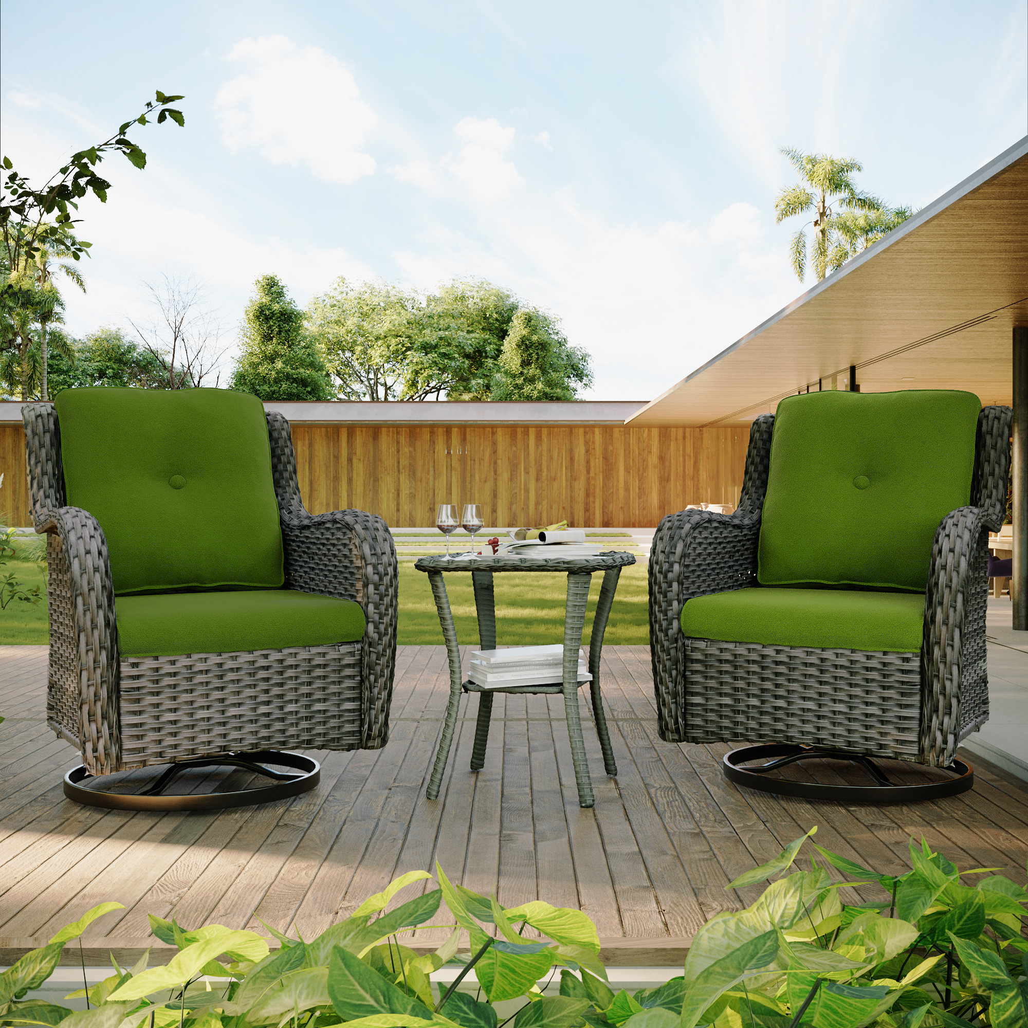 Meetleisure Outdoor Swivel Rocker Wicker Patio Chairs Sets of 2 With Table, Green - image 1 of 6